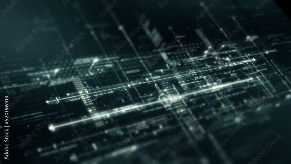 Poster Futuristic abstract de-focus flowing data matrix, meta, metaverse, telemetry and encrypt numbers display with particles simulation in cyber space environment for head up display background
