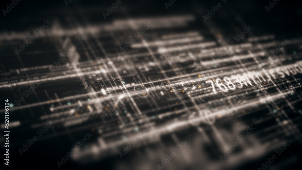 Fototapete Futuristic abstract de-focus flowing data matrix, meta, metaverse, telemetry and encrypt numbers display with particles simulation in cyber space environment for head up display background