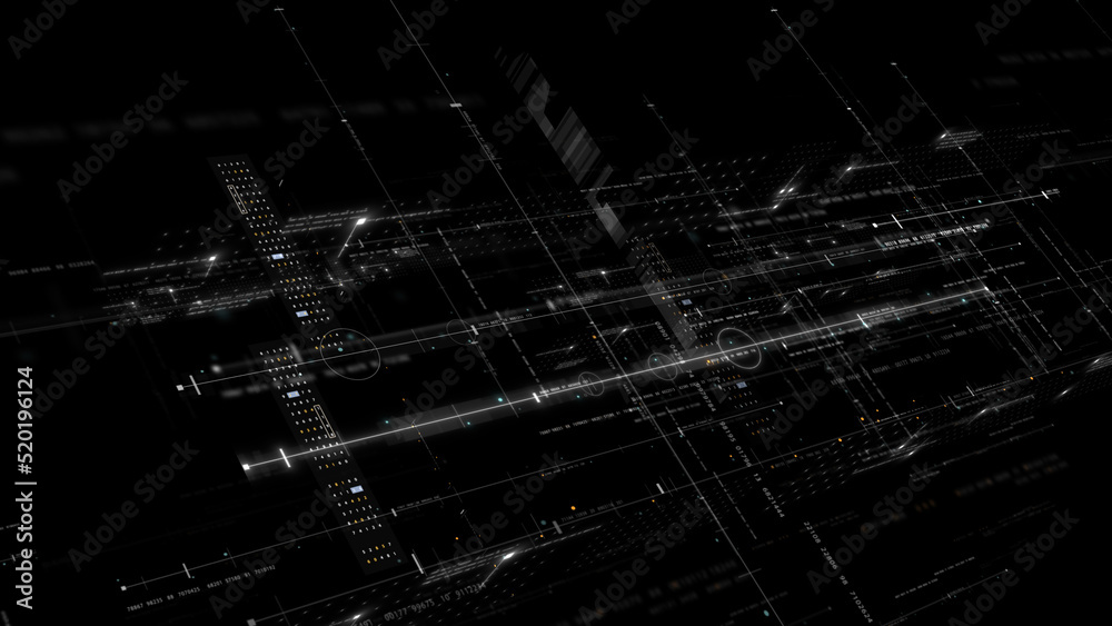 Fototapete Futuristic abstract de-focus flowing data matrix, meta, metaverse, telemetry and encrypt numbers display with particles simulation in cyber space environment for head up display background
