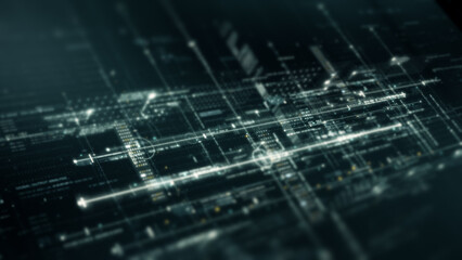 Futuristic abstract de-focus flowing data matrix, meta, metaverse, telemetry and encrypt numbers display with particles simulation in cyber space environment for head up display background