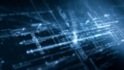 Futuristic abstract de-focus flowing data matrix, meta, metaverse, telemetry and encrypt numbers display with particles simulation in cyber space environment for head up display background