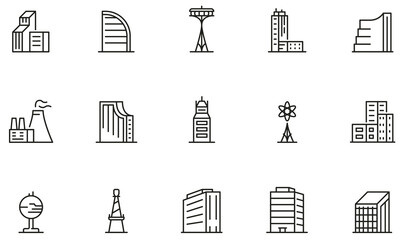 Vector Set of Linear Icons Related to Urban Buildings, Architecture and Modern City Skyscrapers. Mono Line Pictograms and Infographics Design Elements