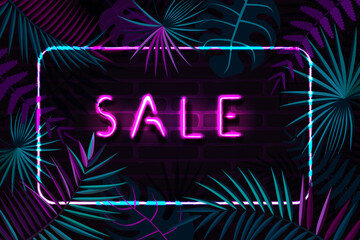 Sale Sign with Glowing Neon Light on Tropic Leaves Background. Special Offer Vector Illustration with Plants for Coupon, Voucher, Banner, Flyer