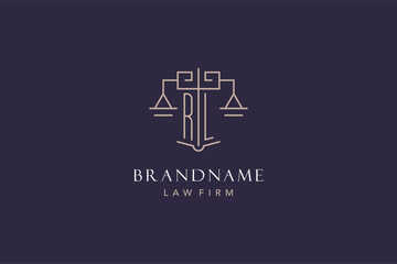 Initial letter RL logo with scale of justice logo design, luxury legal logo geometric style