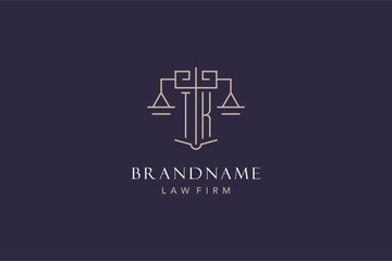 Initial letter TK logo with scale of justice logo design, luxury legal logo geometric style