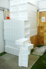 Cajas de Porexpán (poliestireno expandido) o corcho blanco para envasado y transporte de pescados y mariscos en la lonja de pescado