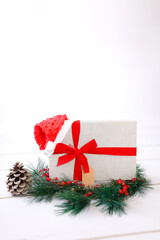 Christmas presents and ornaments on white.