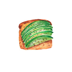 Watercolor breakfast illustration. Watercolor Avocado toast illustration. Healthy breakfast. Healthy food set. Design for card, recipes, diet menu, banners