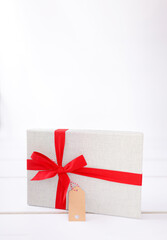 Christmas presents and ornaments on white.