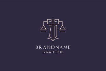 Initial letter ZO logo with scale of justice logo design, luxury legal logo geometric style - obrazy, fototapety, plakaty