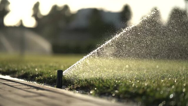 Aspersor en un cesped verde al atardecer