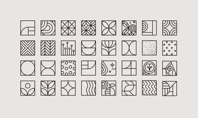 Set of creative modern art deco icons in flat line style drawing on gray background. - 520198919