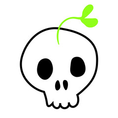 Doodle skull with plant on head illustration. Halloween vector icon. Spooky scary set. Black line art on white background.