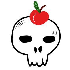 Doodle skull with apple on head illustration. Halloween vector icon. Spooky scary set. Black line art on white background.