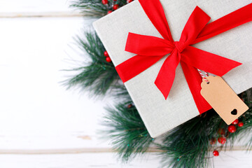 Christmas presents and ornaments on white.
