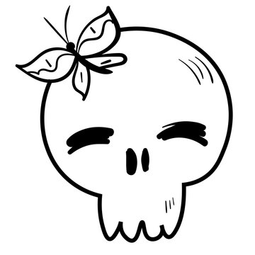 recommend clip art: Doodle skull with butterfly on head illustration. Halloween vector icon. Spooky scary set. Black line art on white background.