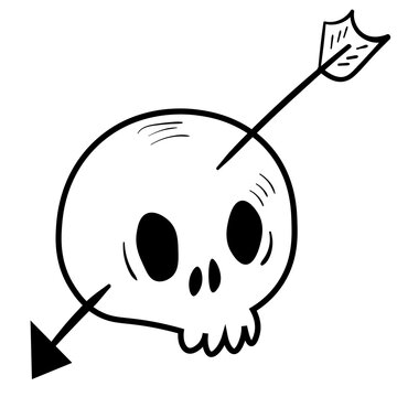 recommend clip art: Doodle skull with arrow illustration. Halloween vector icon. Spooky scary set. Black line art on white background.