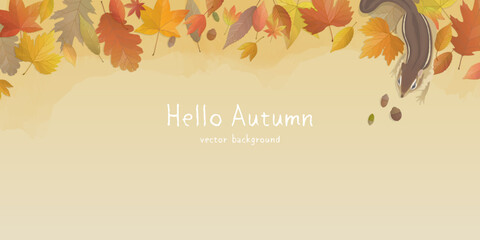 Autumn leaves background with chipmunk. Vector illustration. - obrazy, fototapety, plakaty
