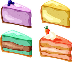 Four different cakes. Tasty cheescakes. For pieces of cakes.