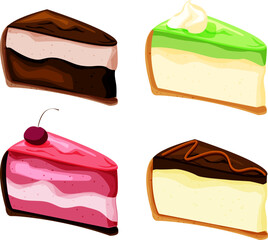 Four different cakes. Tasty cheescakes. For pieces of cakes.