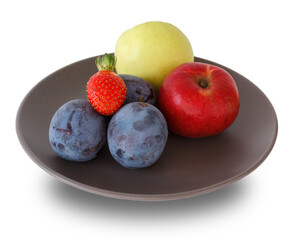 Just picked plums, apples and strawberry on the plate