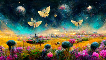 Fototapeta surreal fantasy field with flowers and butterflys dark blue cosmos in background obraz