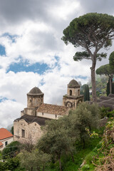 Fototapeta na wymiar RAVELLO, ITALY - APRIL 31 2022 - Scenic sky over the famous park of the Villa Rufolo