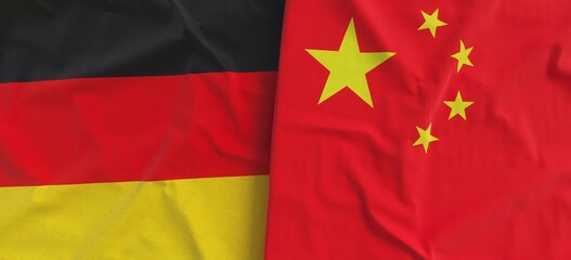 Flags of Germany and China. Linen flag close-up. Flag made of canvas. German, Berlin. Chinese, Asia. State national symbols. 3d illustration.