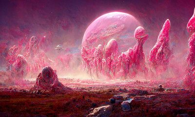Alien planet pink surreal world landscape, digital abstract background - obrazy, fototapety, plakaty