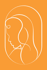 female face profile outline vector. banner with hand drawn face in white color on orange background