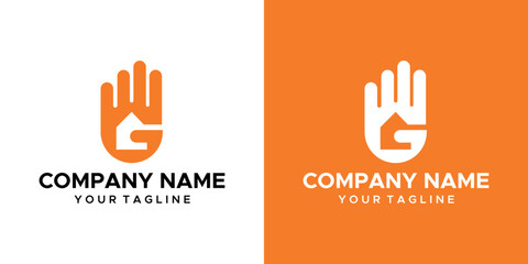 Fototapeta premium a house and hand themed graphic image. orange and white background. vector graphics base.