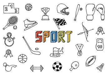 A set of various sports equipment as a background, in the middle of the set is written the word "Sport". Hand Drawn. Freehand drawing. Sketch.	  	