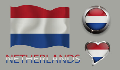 set nation Netherlands flag glossy button heart 