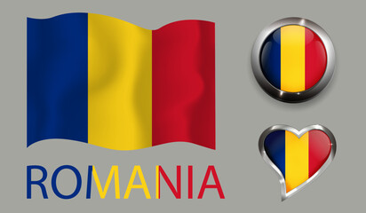 set nation Romania flag glossy button heart Romania