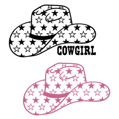 Cowboy hat with stars decoration. Vector Western Cowgirl hat with stars isolated on white. Cut file Hand drawn illustration - 520202111