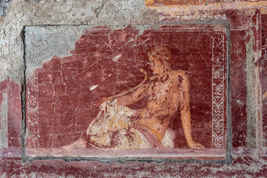 STABIA, ITALY - MAY 03, 2022 - Beautiful Roman wall paintings in the archaeological excavation Villa Arianna, Italy