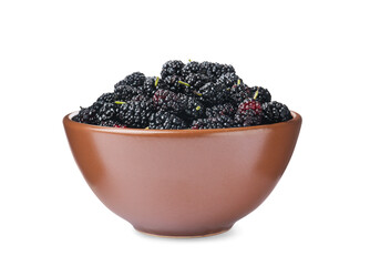 Fototapeta na wymiar Delicious ripe black mulberries in bowl on white background
