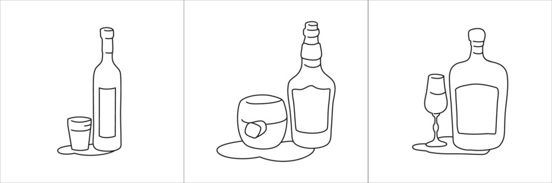 Vodka whiskey liquor bottle and glass outline icon on white background. Black white cartoon sketch graphic design. Doodle style. Hand drawn image. Party drinks concept. Freehand drawing style