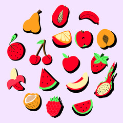 Set of fruits with shadow. Summer colorful fruit and berry doodle set.   Cute vector illustration