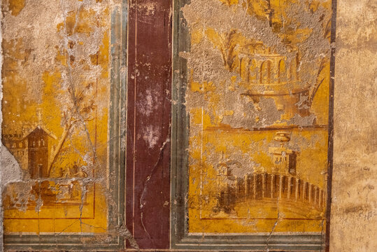 OPLONTIS, ITALY - MAY 03, 2022 - Scenic frescos on the wall of famous Villa Oplontis, ancient Roman villa and world heritage sight, Italy