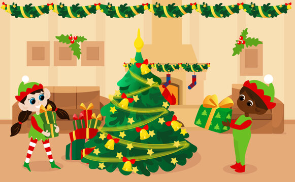 In the room near the Christmas tree, there are cute and happy elves with gifts in their hands. Home for Christmas or Christmas Eve inside. The room has a fireplace with fire, an armchair and a sofa.