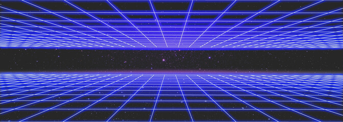 3d abstract 1980's retrowave, cyberpunk background with copy space, neon perspective grid - obrazy, fototapety, plakaty