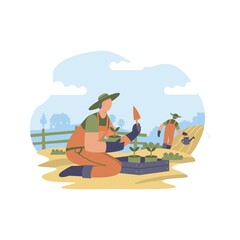 Fototapeta premium Flat vector farmer in garden illustration