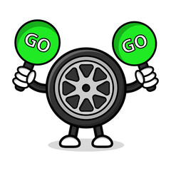 Illustration of tire cartoon character with traffic sign.