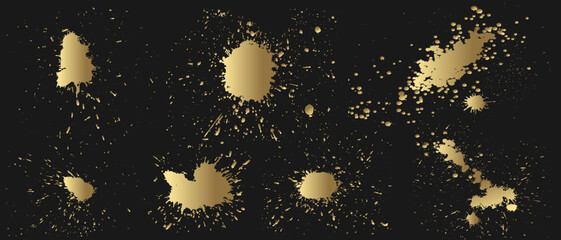 Set of gold splash on black background vector illustration. Ink splash isolated on black background