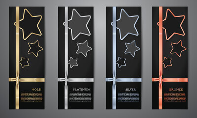 Metalic star and ribbon on black card, Gold, Platinum, Silver, Bronze, Vector illustration.