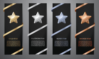 Metalic star and ribbon on black card, Gold, Platinum, Silver, Bronze, Vector illustration. - obrazy, fototapety, plakaty