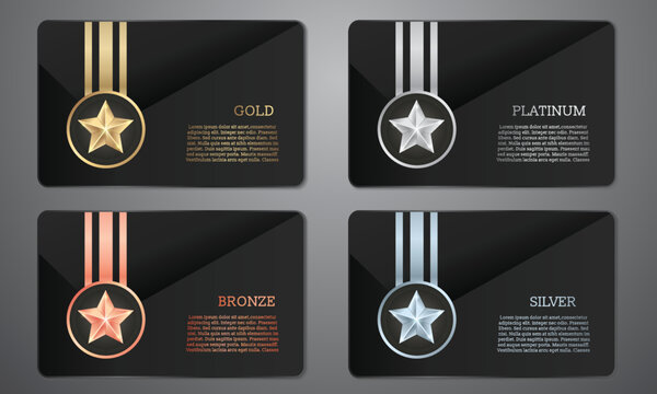 Metalic star and ribbon on black card, Gold, Platinum, Silver, Bronze, Vector illustration.