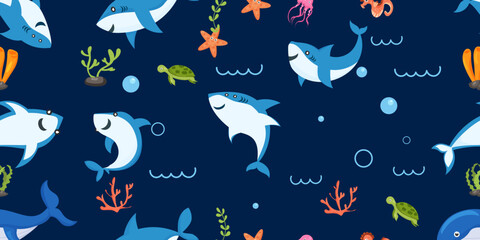 sharks pattern. cartoon shark, seaweed print. Sea wildlife, underwater world vector seamless texture for kids. Vector illustration design for fashion fabrics, textile graphics, 