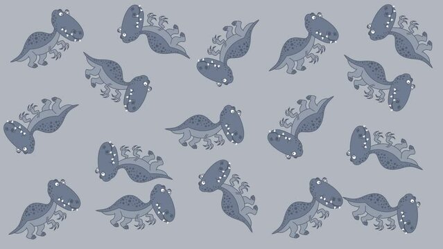 Several grey dinosaurs in random movements on a grey and green background - animation